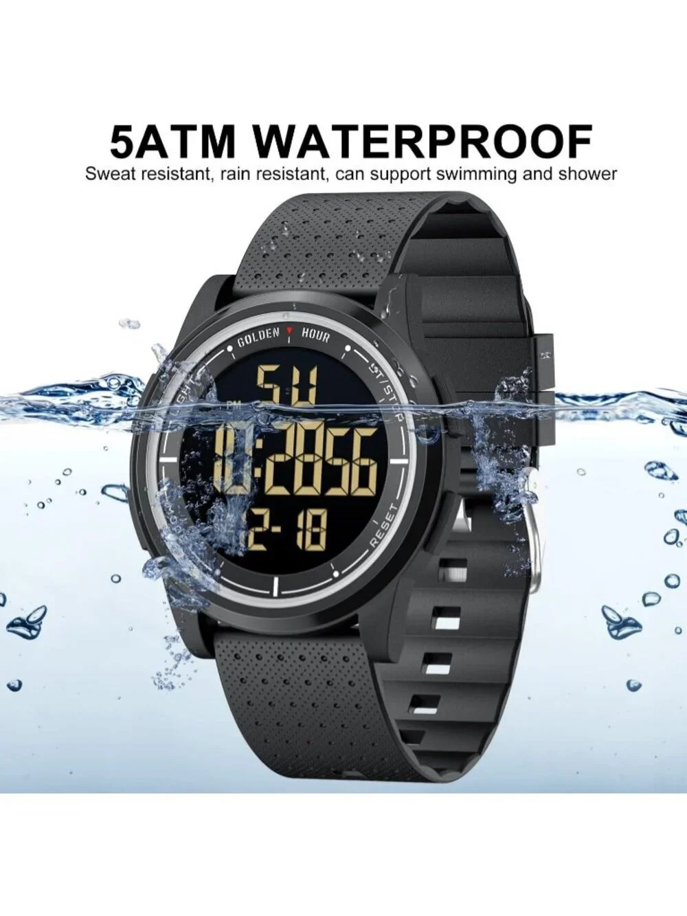 Men All Black Rubber Strap Ultra-Thin Minimalist Sports Waterproof Digital Watch